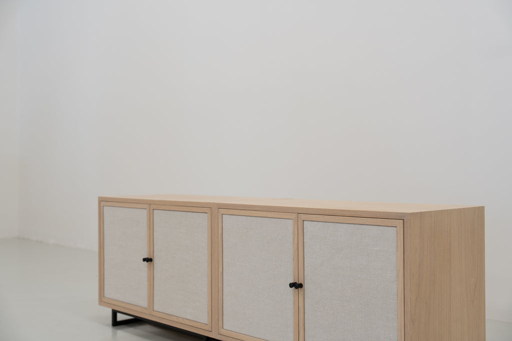 Shoreline Oak & Linen Media Console Perspective View 02