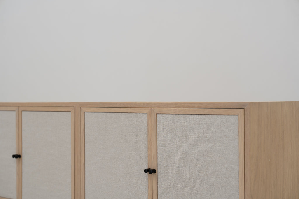 Shoreline Oak & Linen Media Console Perspective View 03