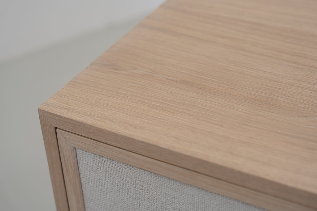 Shoreline Oak & Linen Media Console Perspective View 04