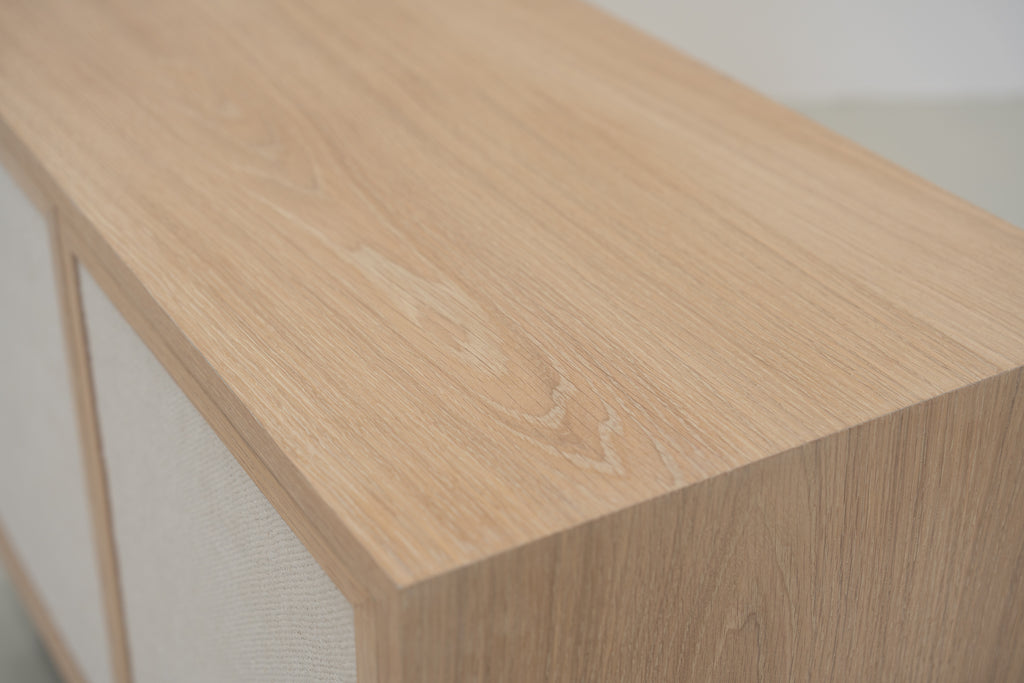 Shoreline Oak & Linen Media Console Perspective View 05