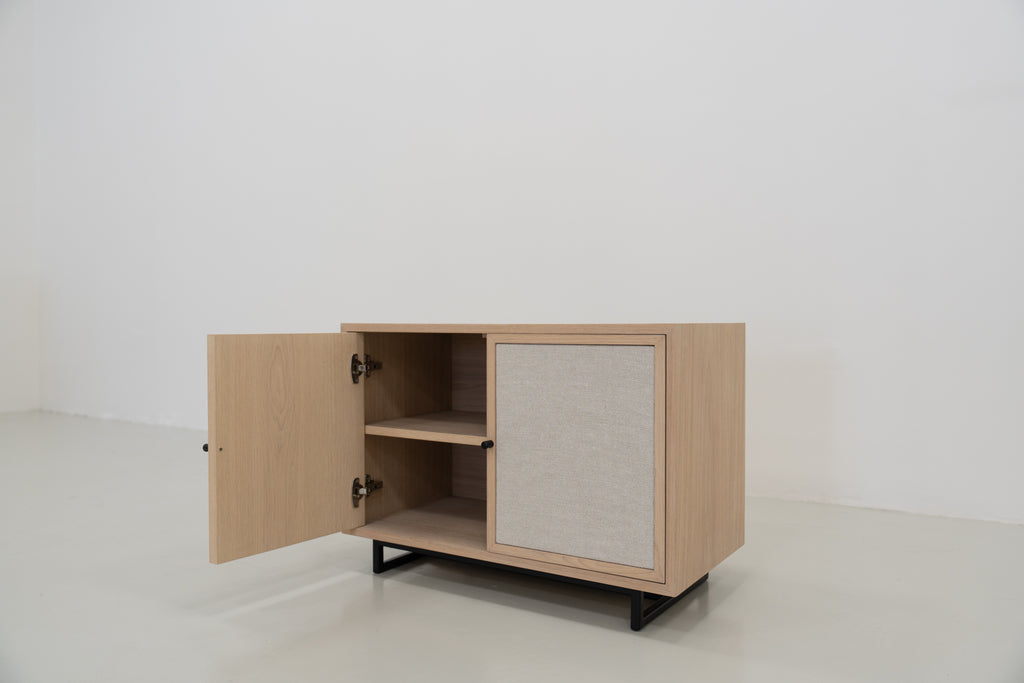Shoreline Oak & Linen Media Console Perspective View 07