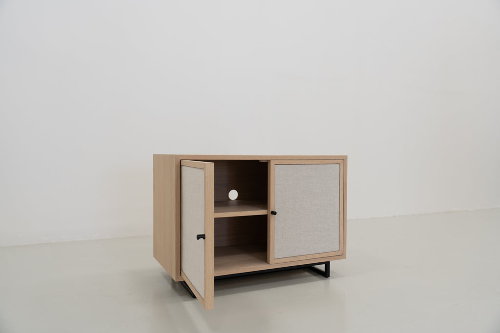 Shoreline Oak & Linen Media Console Perspective View 08
