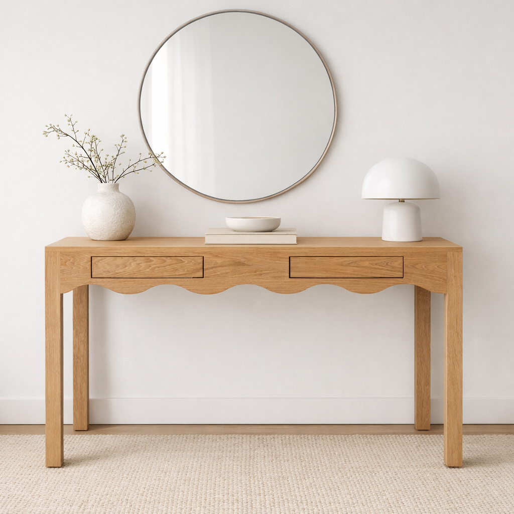 Skoggen Wave Oak Console Table Indoor Perspective View 1