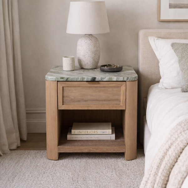 Sorrento Marble & Oak Nightstand – Cipollino Green Indoor View 1