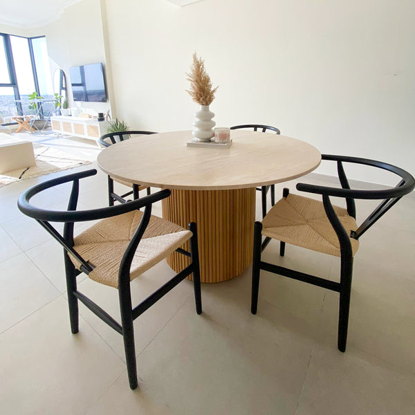 Travertine & Wood Dining Table Indoor View 1