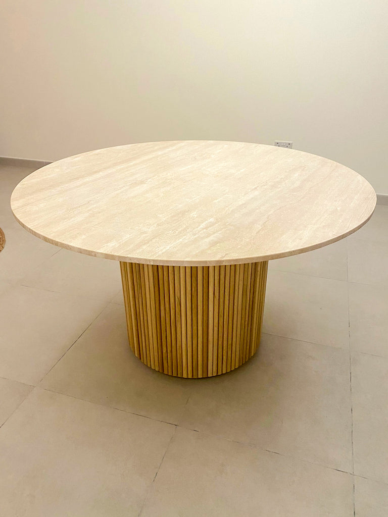 Travertine & Wood Dining Table Indoor View 3