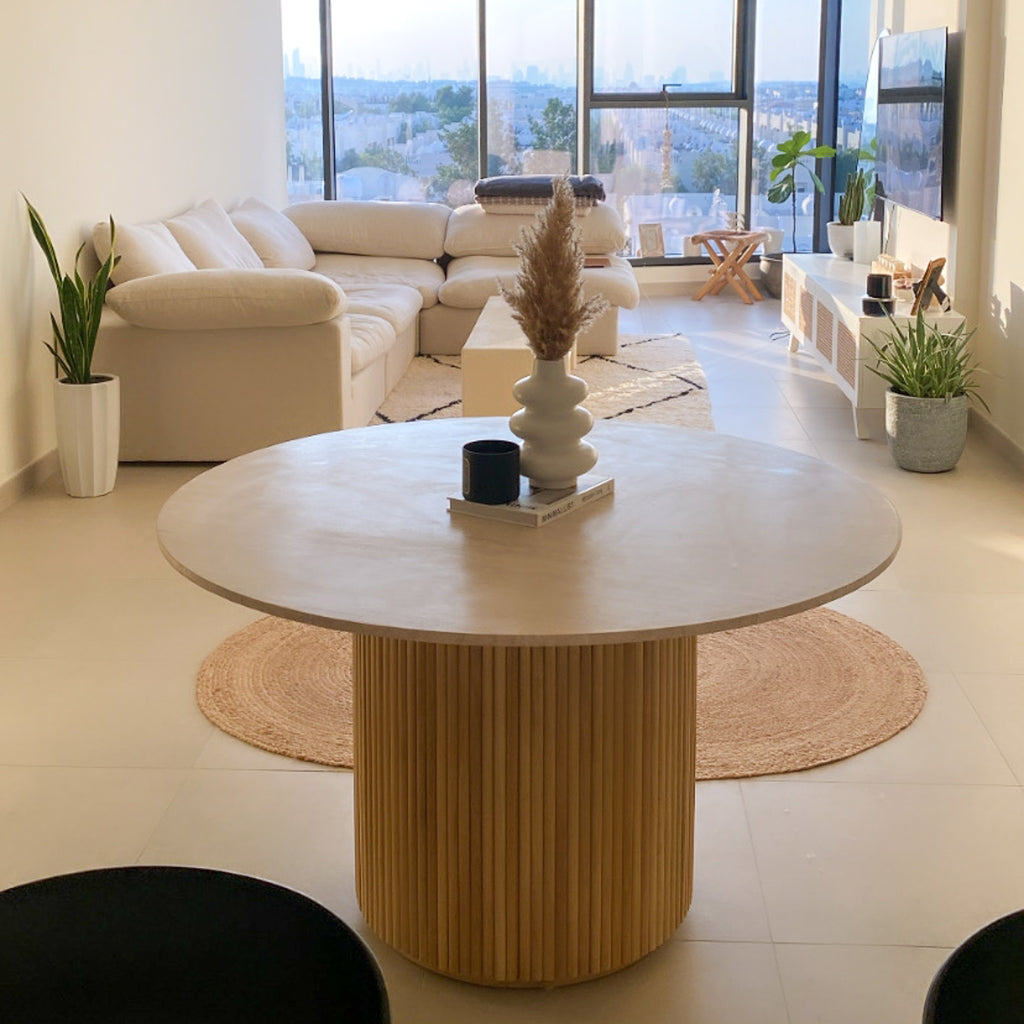 Travertine & Wood Dining Table Indoor View 4