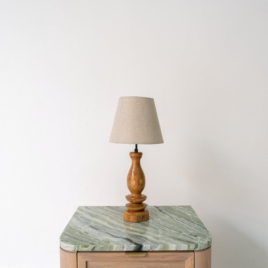 Turned Teak Bedside Table Lamp Front Perspective View 1