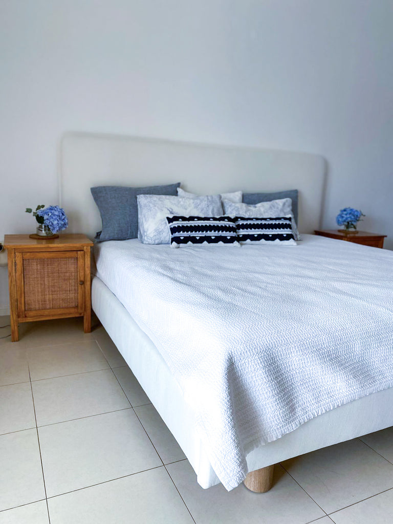 Zoe Linen & Oak Bed Side view