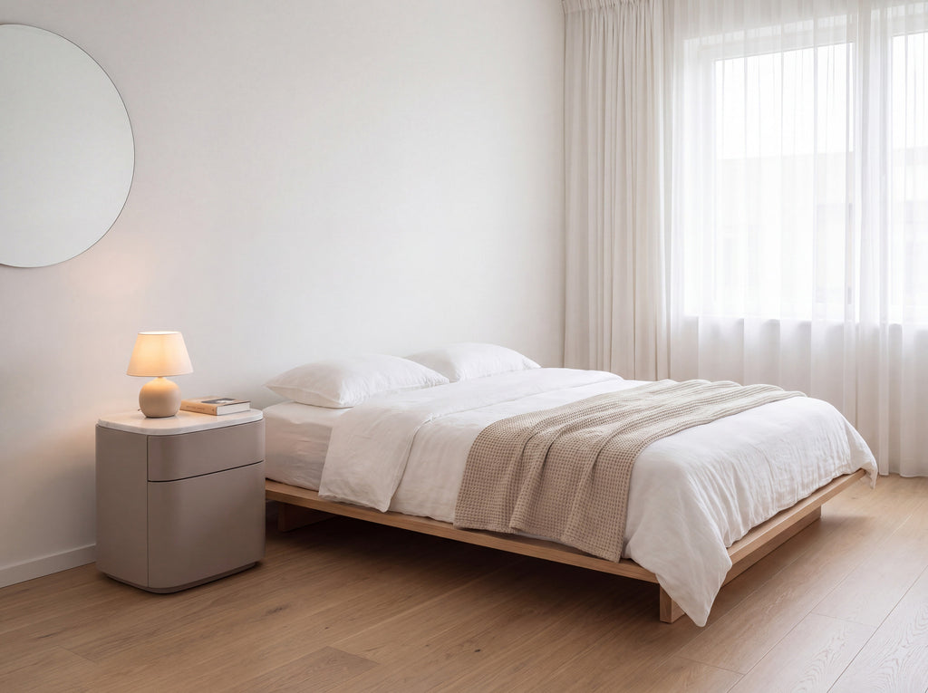 Arca bedside table next to a wooden platform bed with a lit table lamp