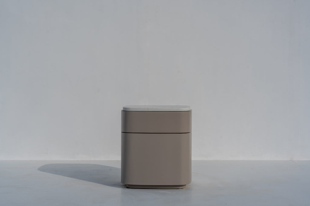 Arca taupe bedside table with white engineered stone top, 50 x 50 x 55 cm