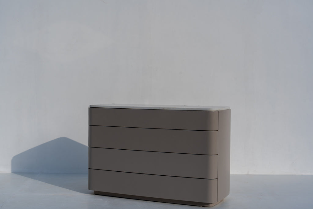 Minimalist Arca taupe chest of drawers with handle-free drawers and stone top