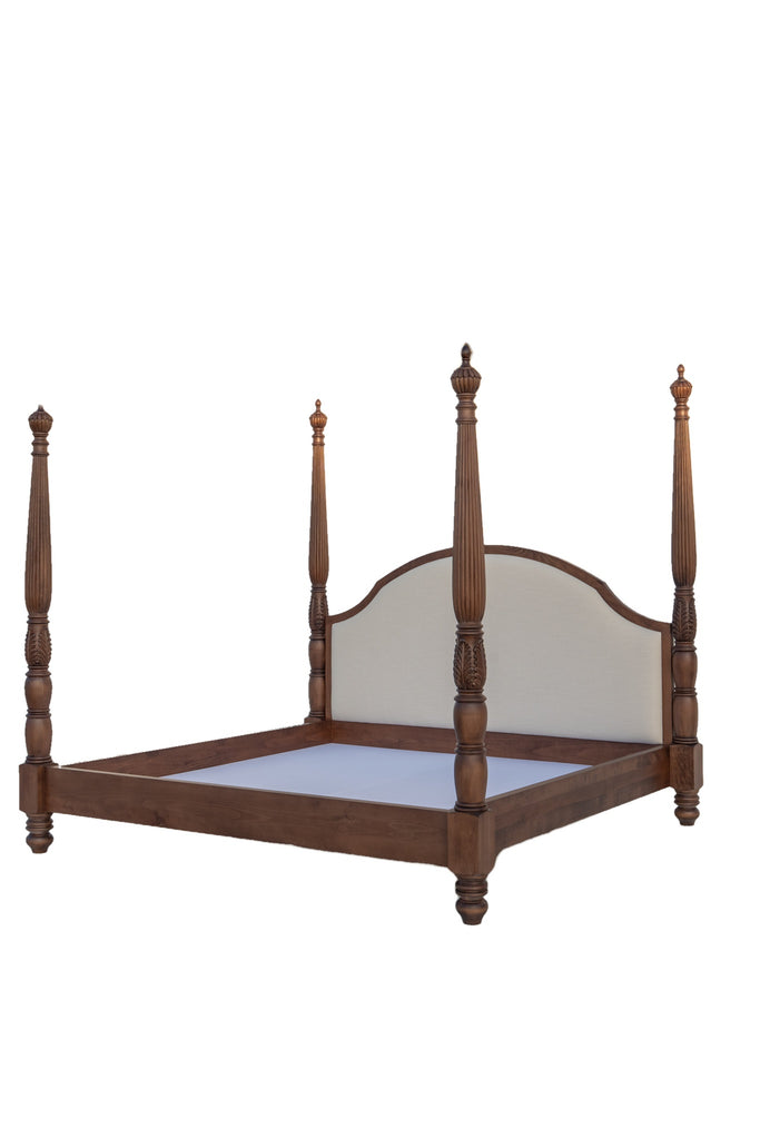 Traditional colonial four poster bed in walnut finish for a 200 x 200 cm mattress, corner view