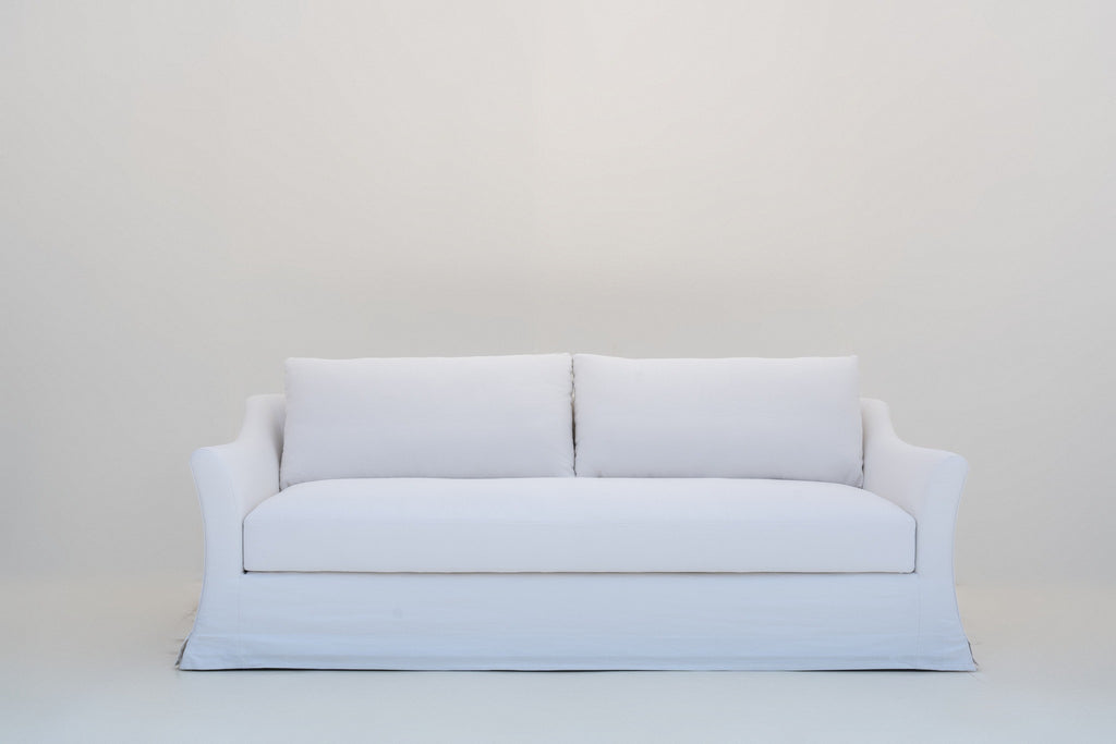 Belmont Belgian linen sofa with single bench seat and two loose back cushions