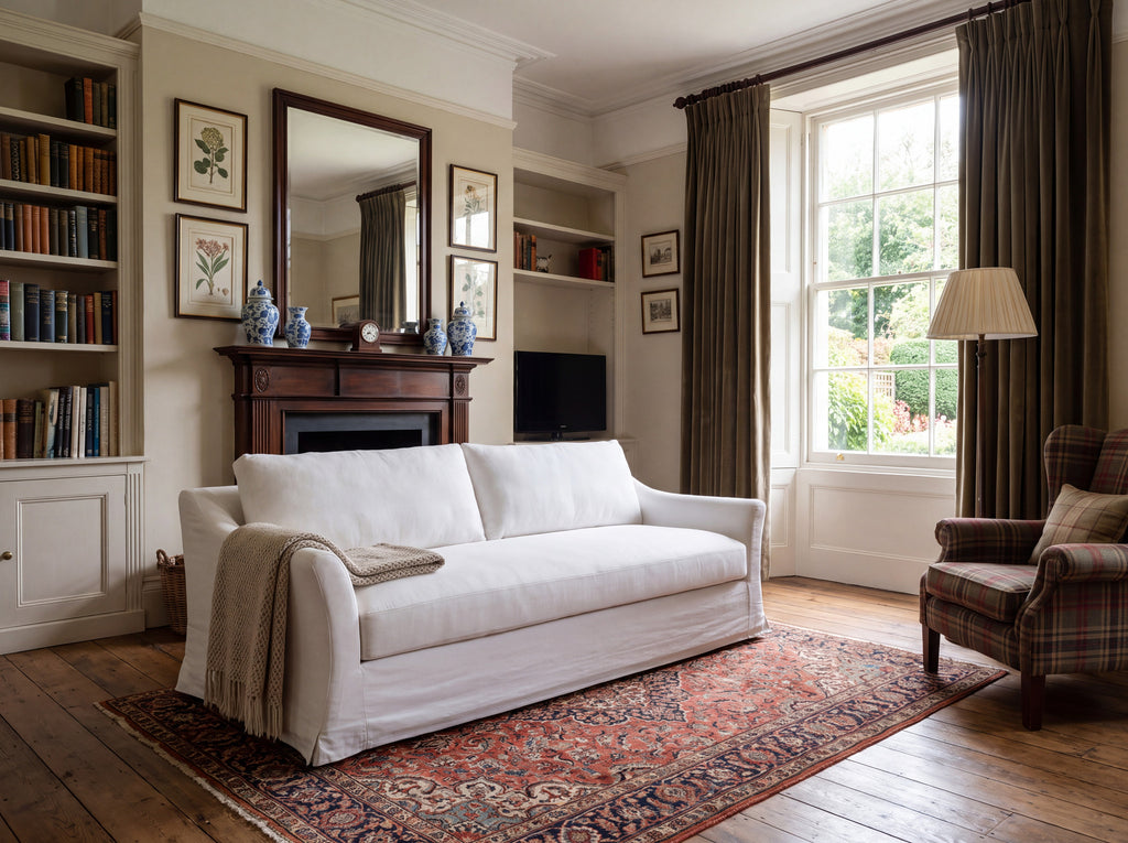Belmont white linen slipcovered sofa in a classic living room with fireplace and rug