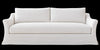 Belmont slipcovered sofa front view showing bench seat, two back cushions and kick-pleat skirt