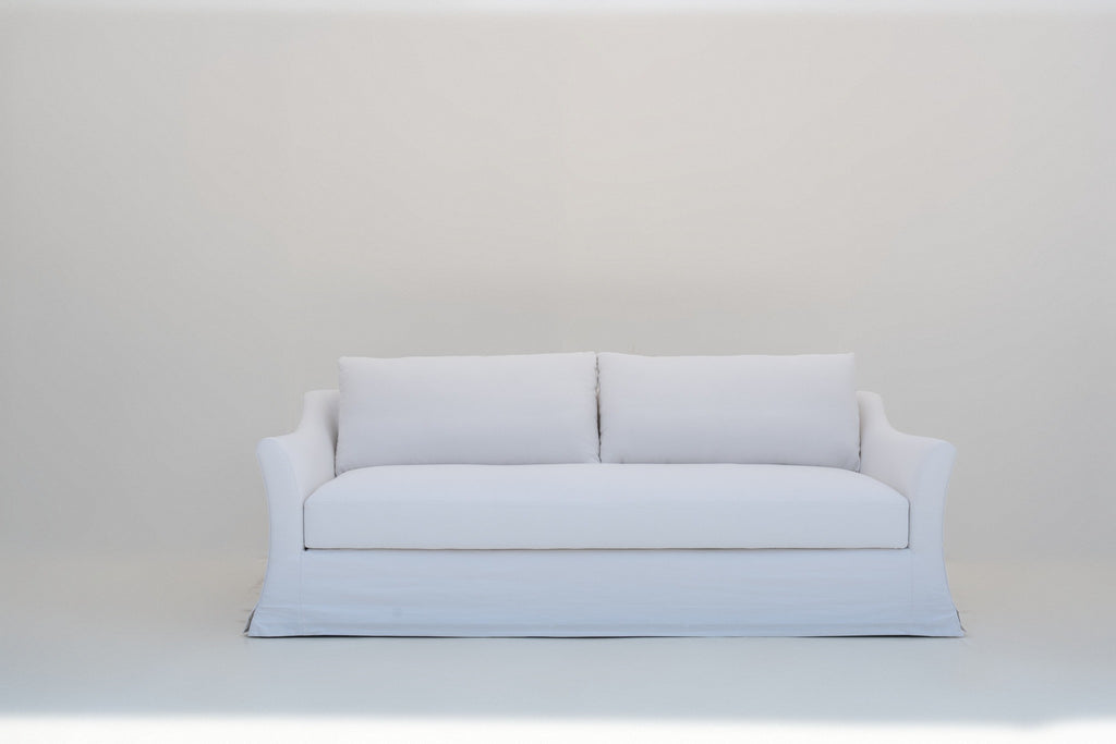 Belmont Linen Slipcovered Sofa in white Belgian linen, studio front view, made in Dubai