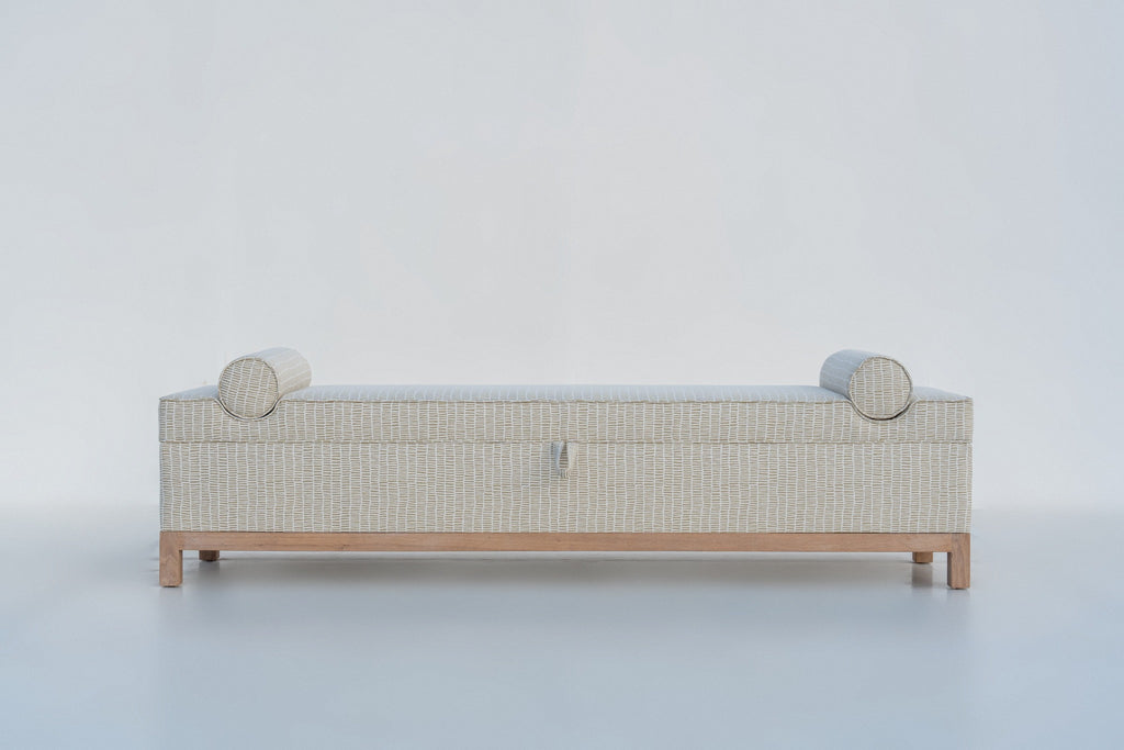 Carmel bedroom bench with two round bolster cushions, front elevation