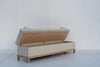 Bedroom storage bench in Dubai with padded lid open and full-length storage inside