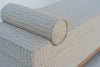 Close-up of Carmel bench bolster cushion with self piping and dash-print upholstery