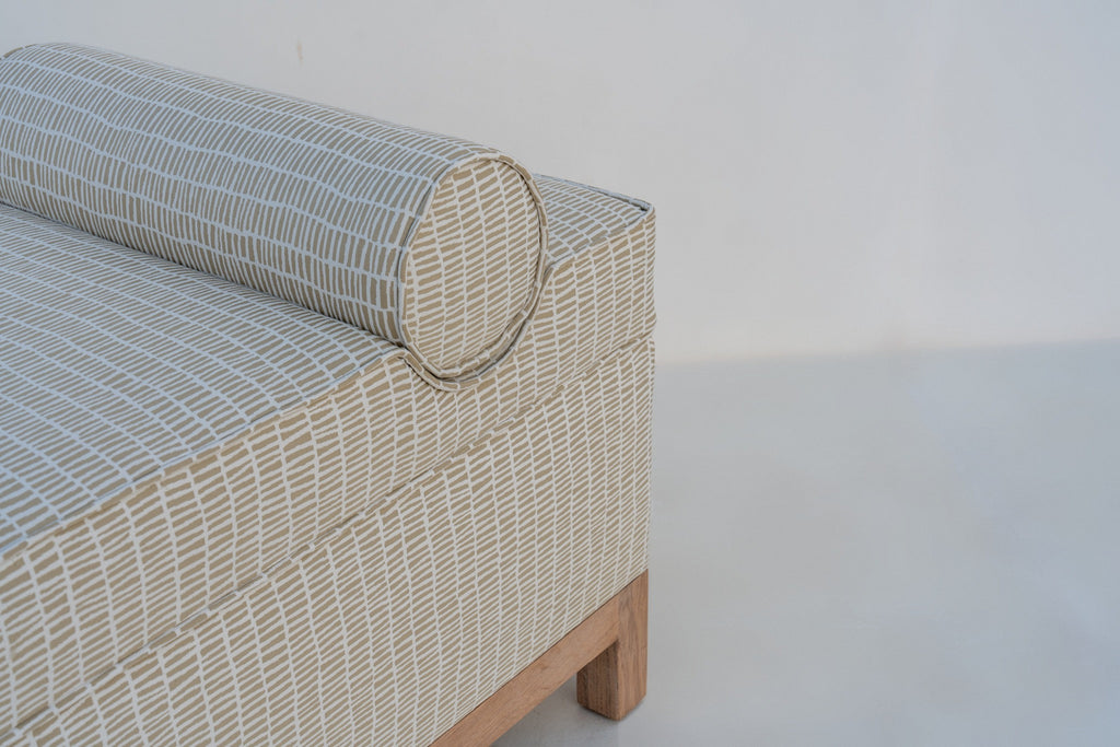 Carmel bench corner detail with bolster, piping and solid oak leg