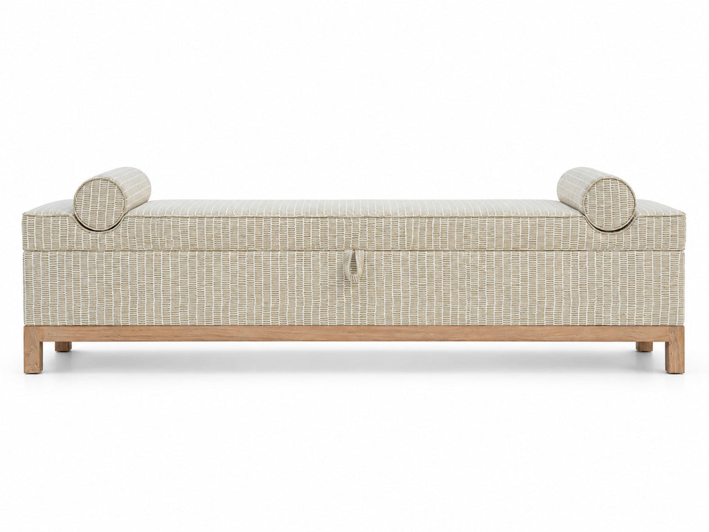 Carmel bedroom storage bench front view with two bolster cushions and solid oak base, made in Dubai