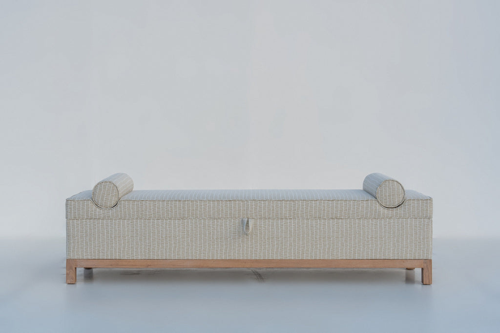 Carmel end of bed bench, 200 x 45 x 46 cm, with bolster arm rests and oak legs