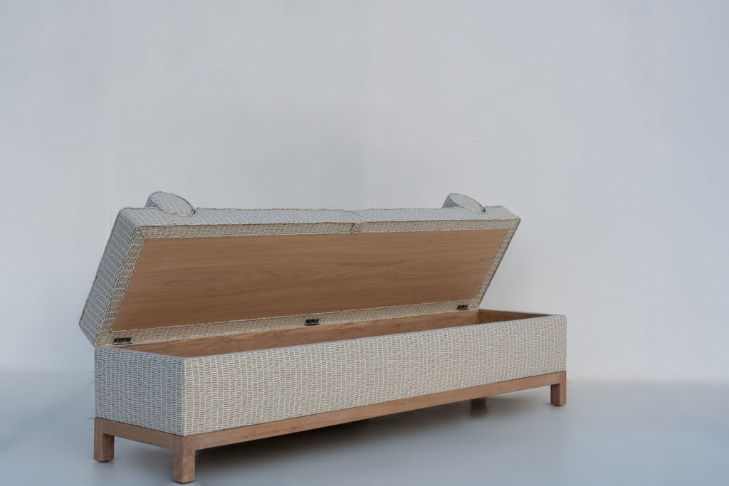 Carmel storage bench with lid open showing the oak-lined storage compartment