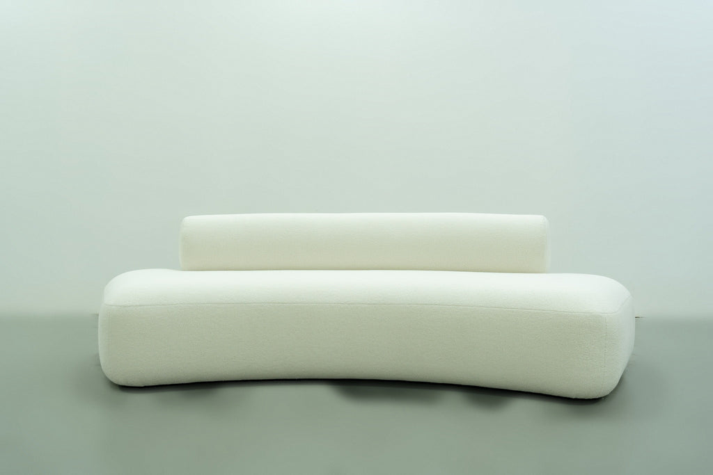 Dune Curved Bouclé Sofa in ivory bouclé, front view, handmade in Dubai by Adams Furniture