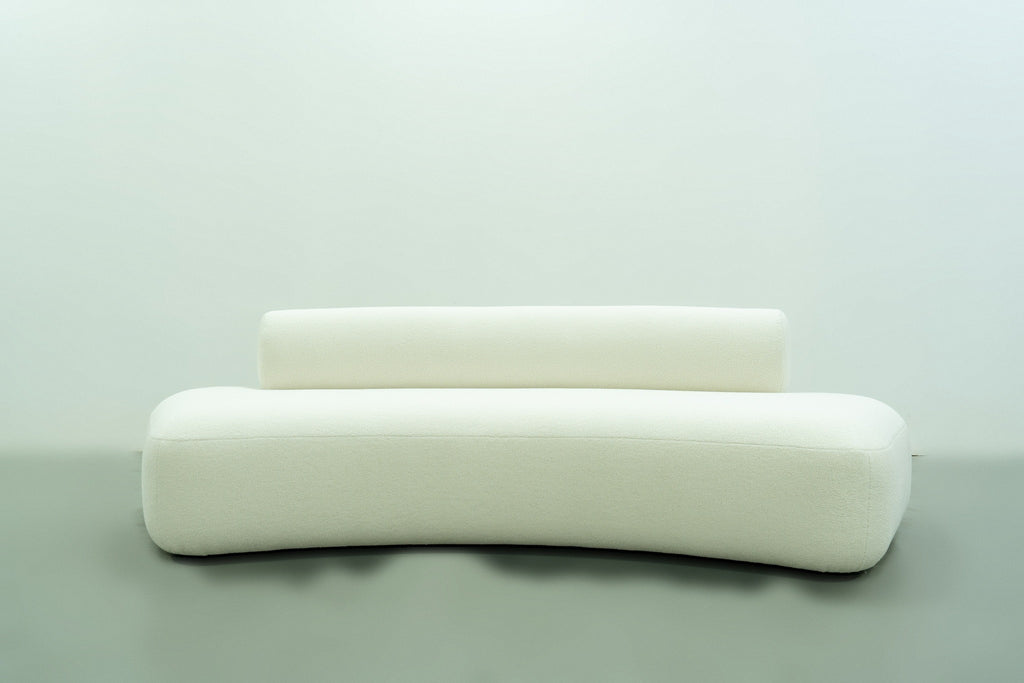 Dune Curved Bouclé Sofa front elevation, 260 x 90 x 70 cm