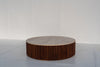 Milo Travertine & Walnut Coffee Table with dark fluted circular base