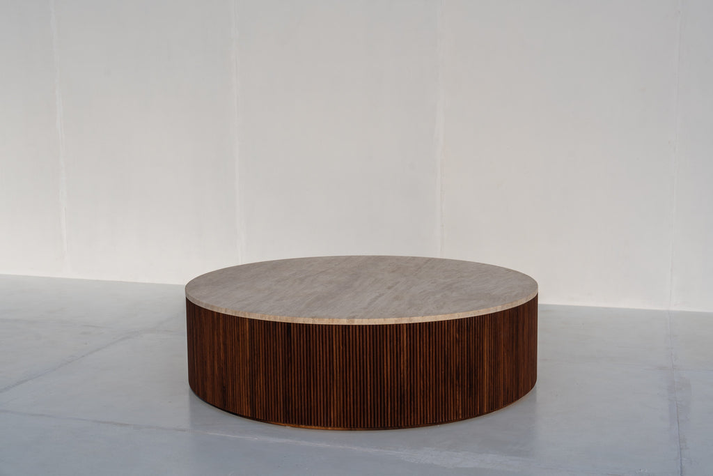 Milo Travertine & Walnut Coffee Table with dark fluted circular base