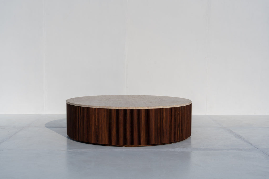 Natural travertine stone top on Milo walnut coffee table