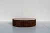 Milo round travertine coffee table with fluted walnut base in Dubai