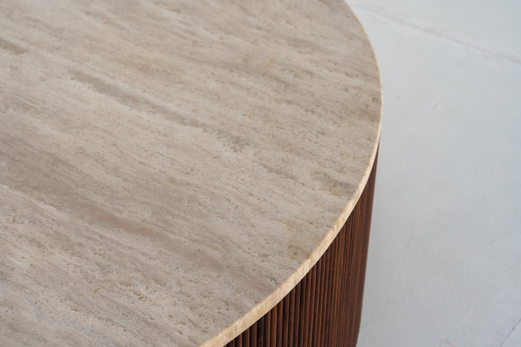Natural travertine stone top on Milo walnut coffee table
