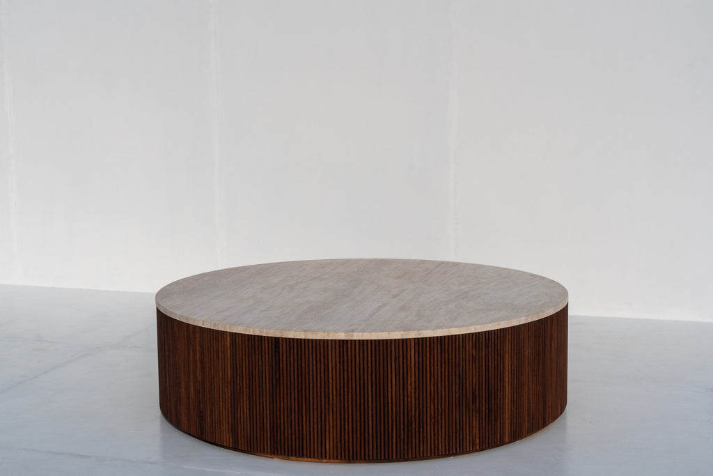 Milo Travertine & Walnut Coffee Table with dark fluted circular base