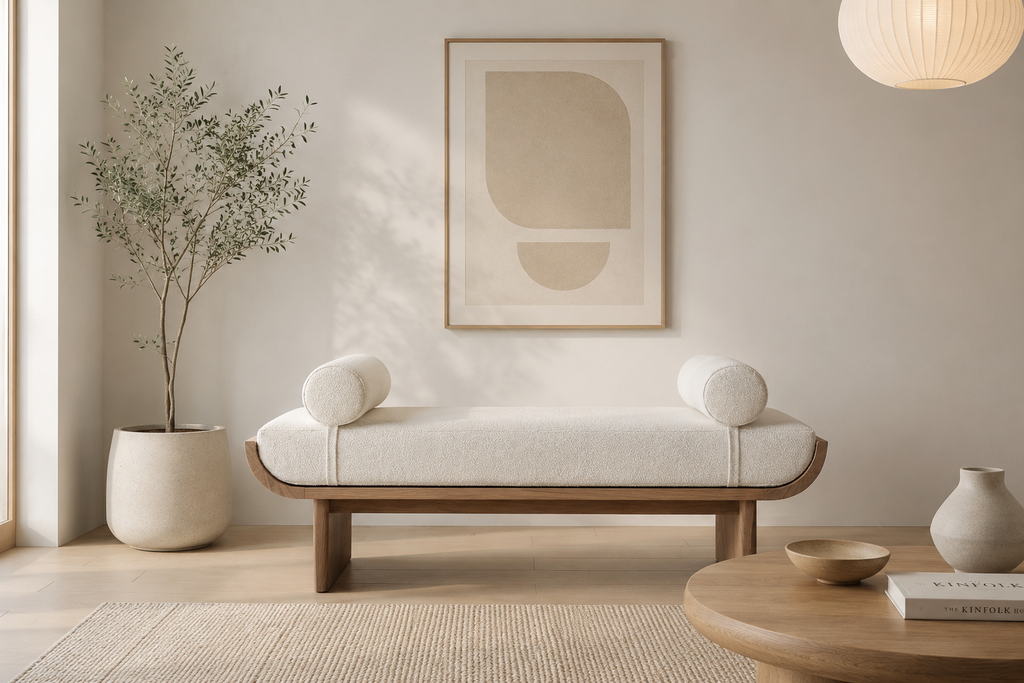 Front view of Selo solid oak bouclé upholstered bench