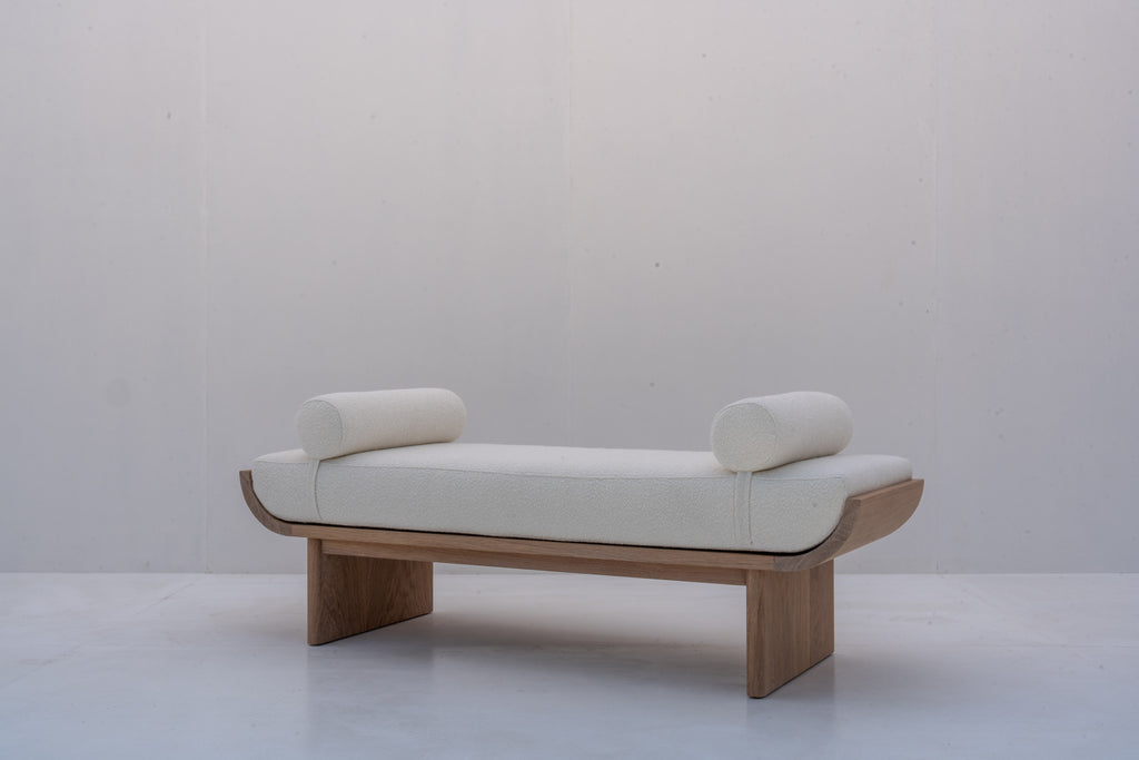 Bouclé upholstered bedroom bench made from solid oak