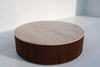 Milo round travertine coffee table with fluted walnut base in Dubai