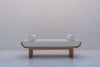 Front view of Selo solid oak bouclé upholstered bench