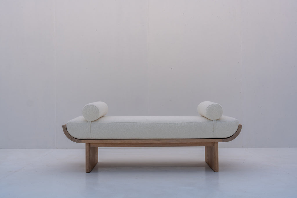 Front view of Selo solid oak bouclé upholstered bench