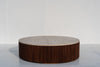 Milo Travertine & Walnut Coffee Table with dark fluted circular base
