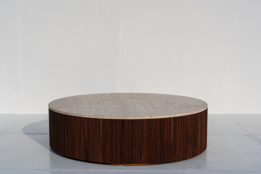 Milo Travertine & Walnut Coffee Table with dark fluted circular base