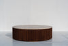 Milo round travertine coffee table with fluted walnut base in Dubai