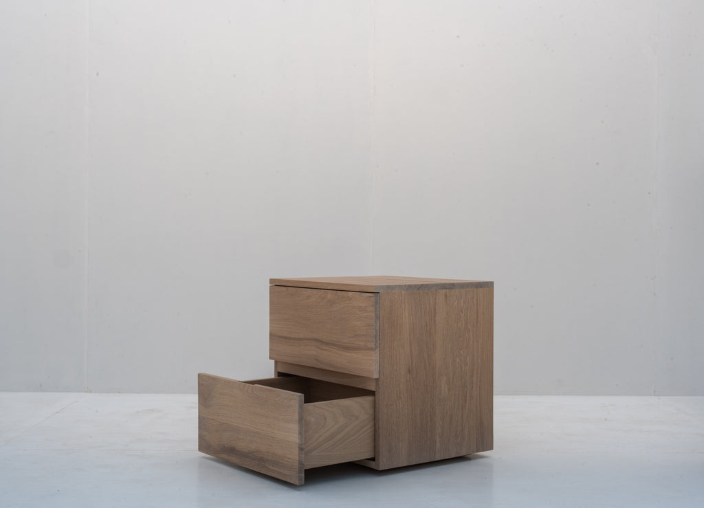 Aven Oak Bedside Table in Dubai with both storage drawers open