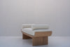 Side profile of solid oak bouclé upholstered bedroom bench