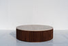 Milo round travertine coffee table with fluted walnut base in Dubai