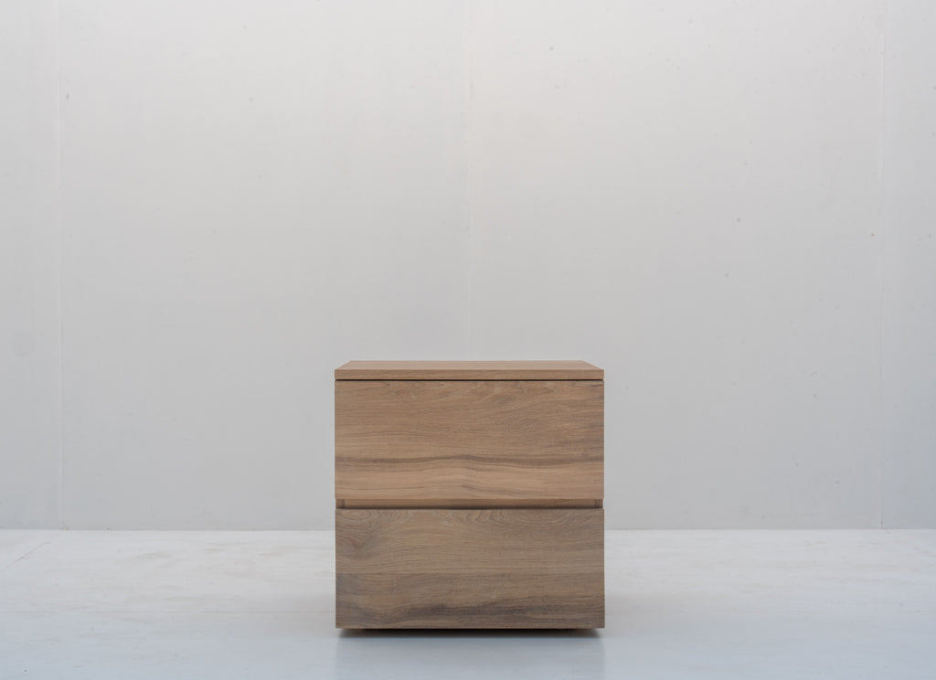 Minimalist natural oak bedside table with two handle-free drawers