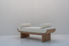 Side profile of solid oak bouclé upholstered bedroom bench