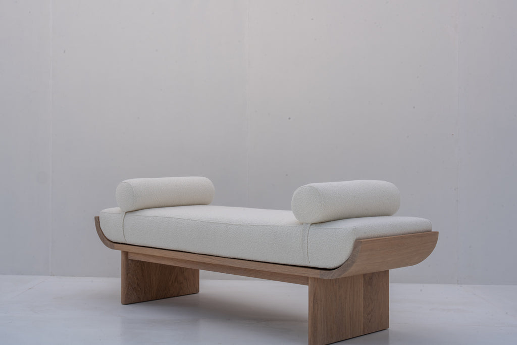 Bouclé upholstered bedroom bench made from solid oak